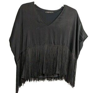 BCBG MAXAZRIA Iniko Tops Women X-small Fringe Flutter Sleeve Black Top Size XS